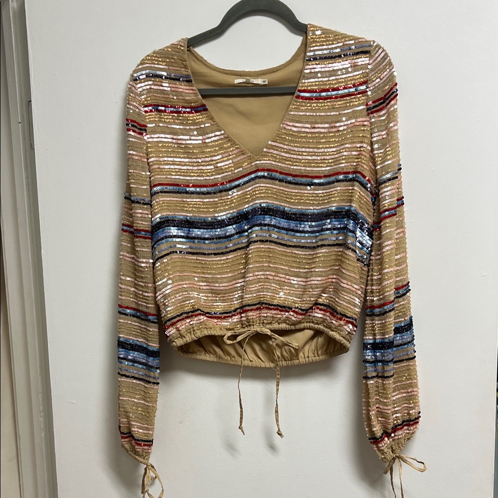 Tularosa Tan Blue Red Blush Sequin Striped V-Neck Long Sleeve Top Small